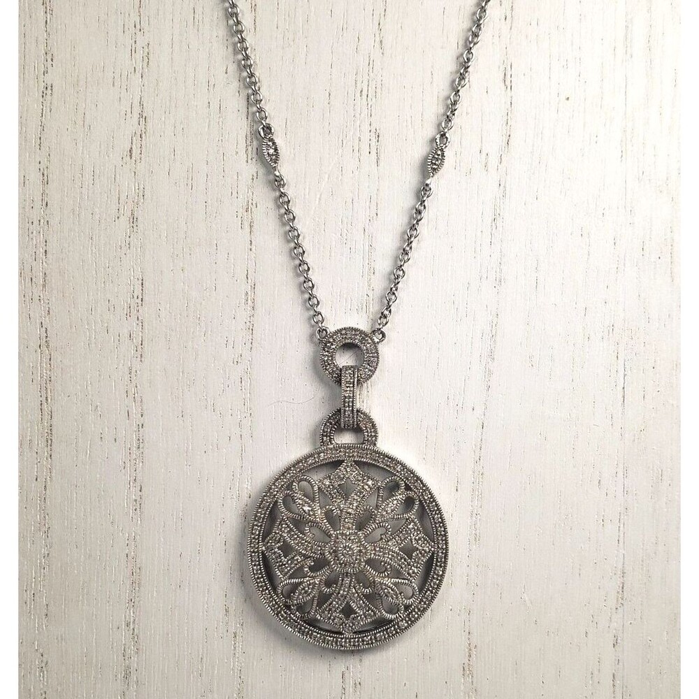 Vintage 925 Sterling Silver w Diamond Circle Cross Hearts Pendant Chain Necklace - Picture 11 of 16